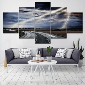 Great Road And Lightning - Nature 5 Panel Canvas Art Wall Decor