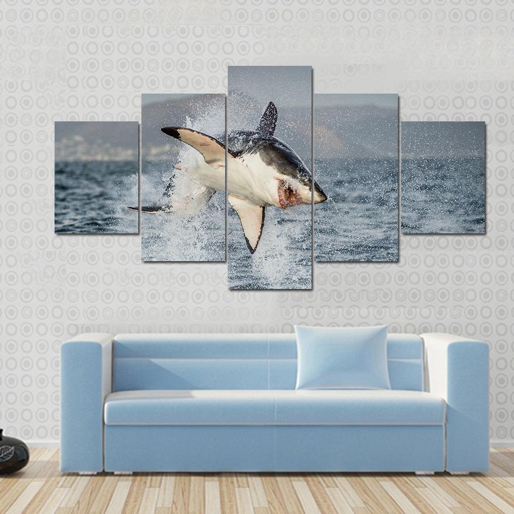 Great White Shark Flying Off From The Water - Animal 5 Panel Canvas Art Wall Decor Great White Shark Flying Off From The Water - Animal 5 Panel Canvas Art Wall Decor