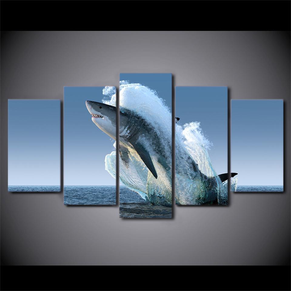 Great White Shark Jumping - Animal 5 Panel Canvas Art Wall Decor Great White Shark Jumping - Animal 5 Panel Canvas Art Wall Decor