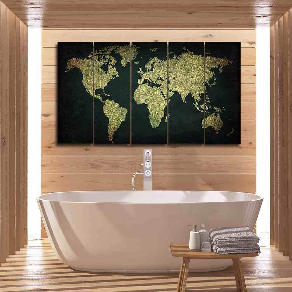 Green And Gold World Map- World Map 5 Panel Canvas Art Wall Decor Green And Gold World Map- World Map 5 Panel Canvas Art Wall Decor