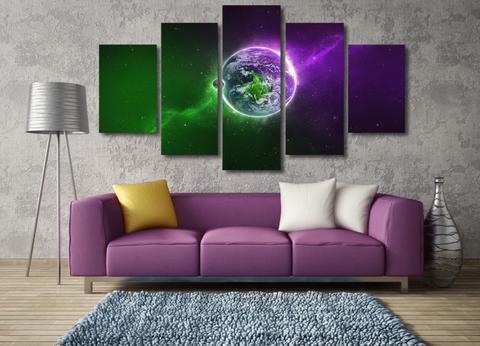 Green And Purple Planet - Space 5 Panel Canvas Art Wall Decor Green And Purple Planet - Space 5 Panel Canvas Art Wall Decor