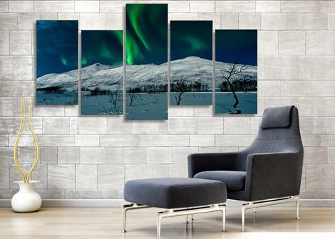 Green Aurora And Snow Mountain - Nature 5 Panel Canvas Art Wall Decor Green Aurora And Snow Mountain - Nature 5 Panel Canvas Art Wall Decor