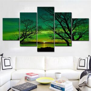 Green Aurora Tree Sunset - Nature 5 Panel Canvas Art Wall Decor