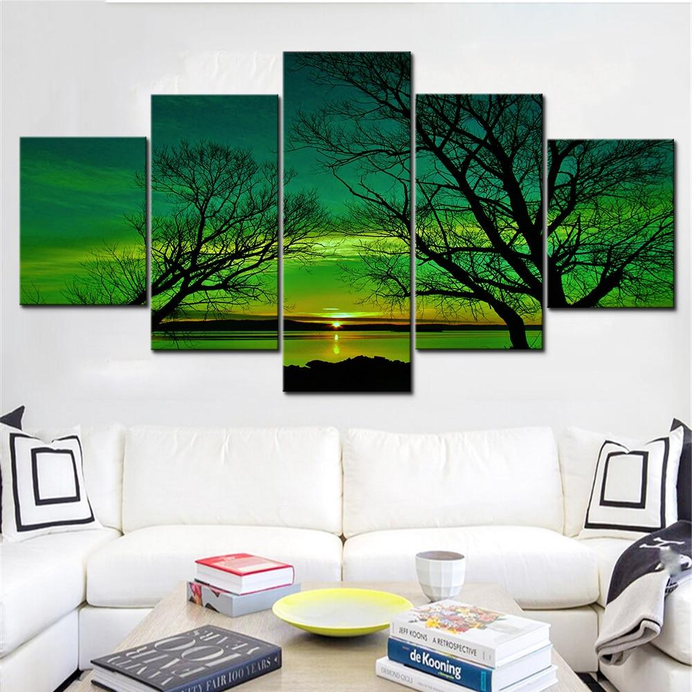 Green Aurora Tree Sunset - Nature 5 Panel Canvas Art Wall Decor Green Aurora Tree Sunset - Nature 5 Panel Canvas Art Wall Decor