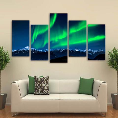 Green Aurora With Snow Mountain - Nature 5 Panel Canvas Art Wall Decor Green Aurora With Snow Mountain - Nature 5 Panel Canvas Art Wall Decor