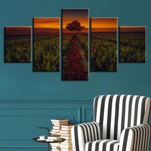 Green Field And Tree - Nature 5 Panel Canvas Art Wall Decor