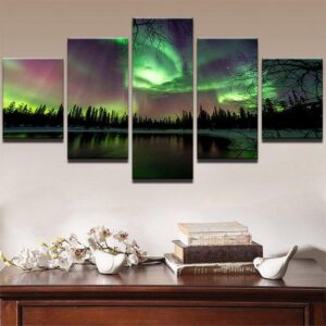 Green Forest Aurora Landscape - Nature 5 Panel Canvas Art Wall Decor