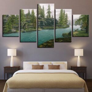 Green Forest River - Nature 5 Panel Canvas Art Wall Decor