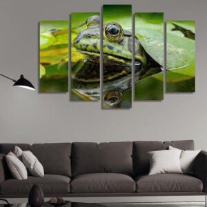 Green Frogs In The Water - Animal 5 Panel Canvas Art Wall Decor