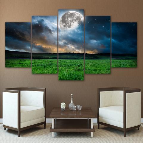 Green Grass And Moon - Nature 5 Panel Canvas Art Wall Decor Green Grass And Moon - Nature 5 Panel Canvas Art Wall Decor