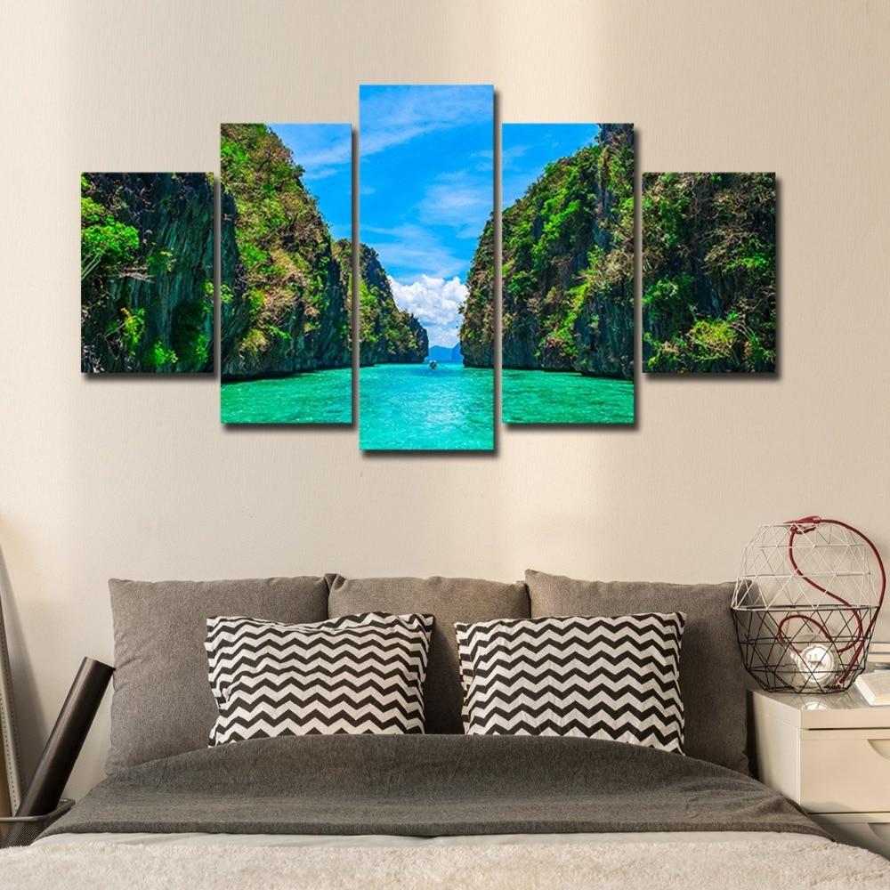 Green Hills And Water Blue Sky White Cloud - Nature 5 Panel Canvas Art Wall Decor Green Hills And Water Blue Sky White Cloud - Nature 5 Panel Canvas Art Wall Decor
