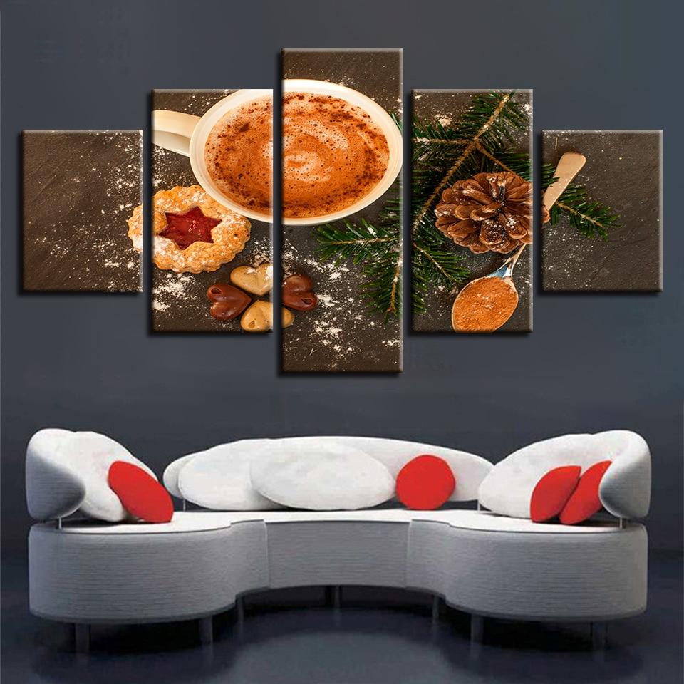 Green Leaves And Food Coffee - Kitchen 5 Panel Canvas Art Wall Decor Green Leaves And Food Coffee - Kitchen 5 Panel Canvas Art Wall Decor