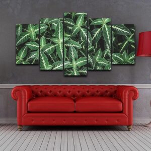 Green Leaves With White Lines - Nature 5 Panel Canvas Art Wall Decor