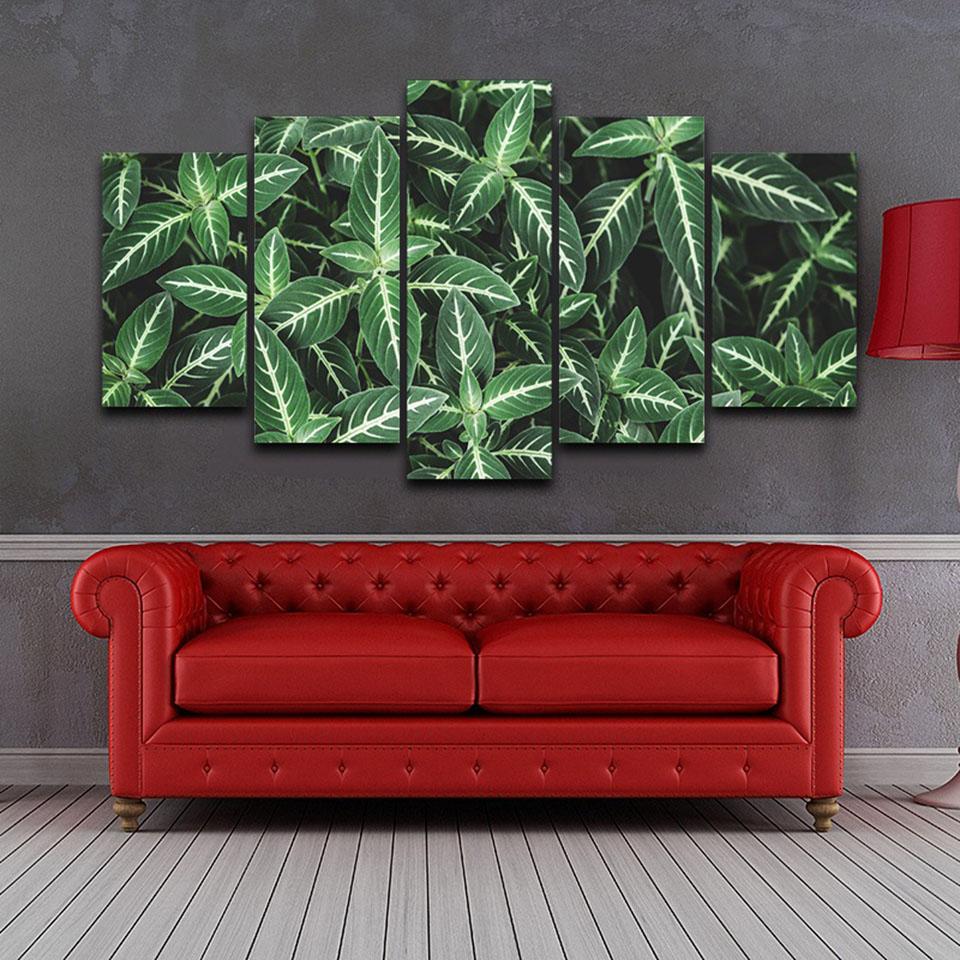 Green Leaves With White Lines - Nature 5 Panel Canvas Art Wall Decor Green Leaves With White Lines - Nature 5 Panel Canvas Art Wall Decor