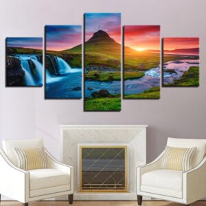Green Mountain River - Nature 5 Panel Canvas Art Wall Decor