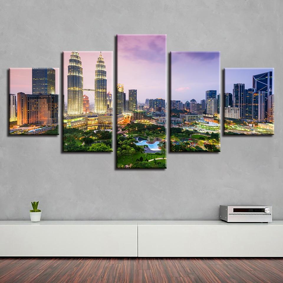Green Tree And High-Rise Buildings City - Nature 5 Panel Canvas Art Wall Decor Green Tree And High-Rise Buildings City - Nature 5 Panel Canvas Art Wall Decor
