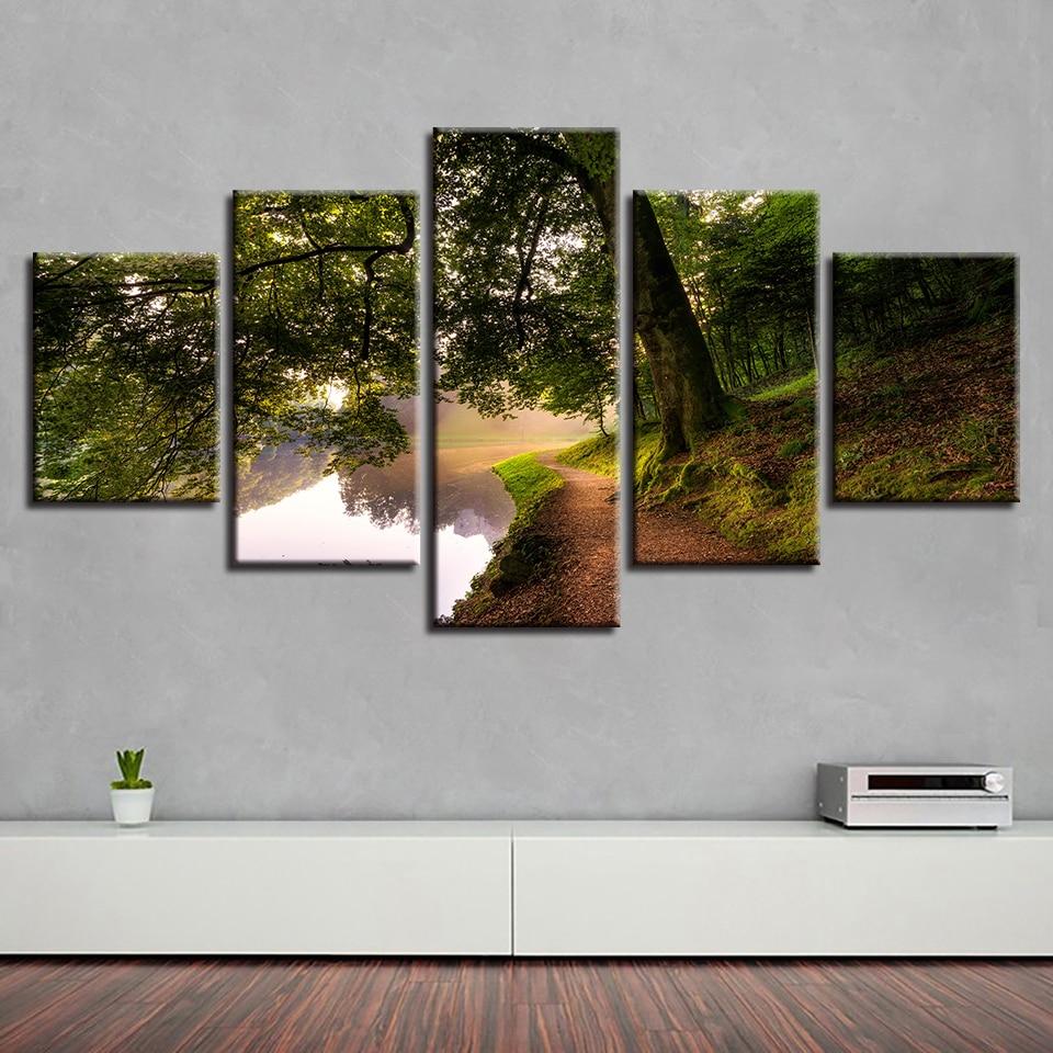 Green Tree And River - Nature 5 Panel Canvas Art Wall Decor Green Tree And River - Nature 5 Panel Canvas Art Wall Decor