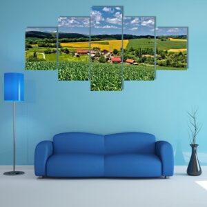 Green Village Scenery Landscape In Spring Time - Nature 5 Panel Canvas Art Wall Decor
