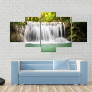 Green Waterfall In The Green Forest - Nature 5 Panel Canvas Art Wall Decor