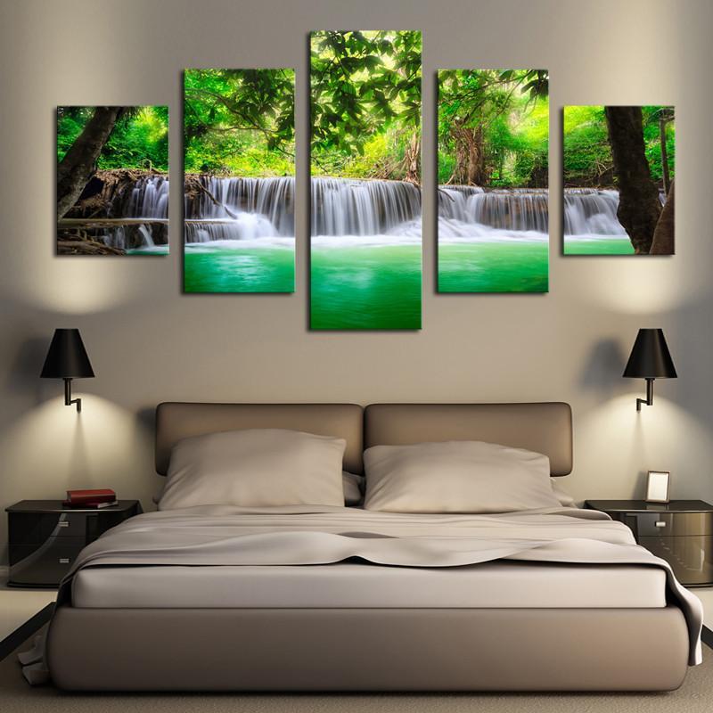 Green Waterfall Scenery - Nature 5 Panel Canvas Art Wall Decor Green Waterfall Scenery - Nature 5 Panel Canvas Art Wall Decor