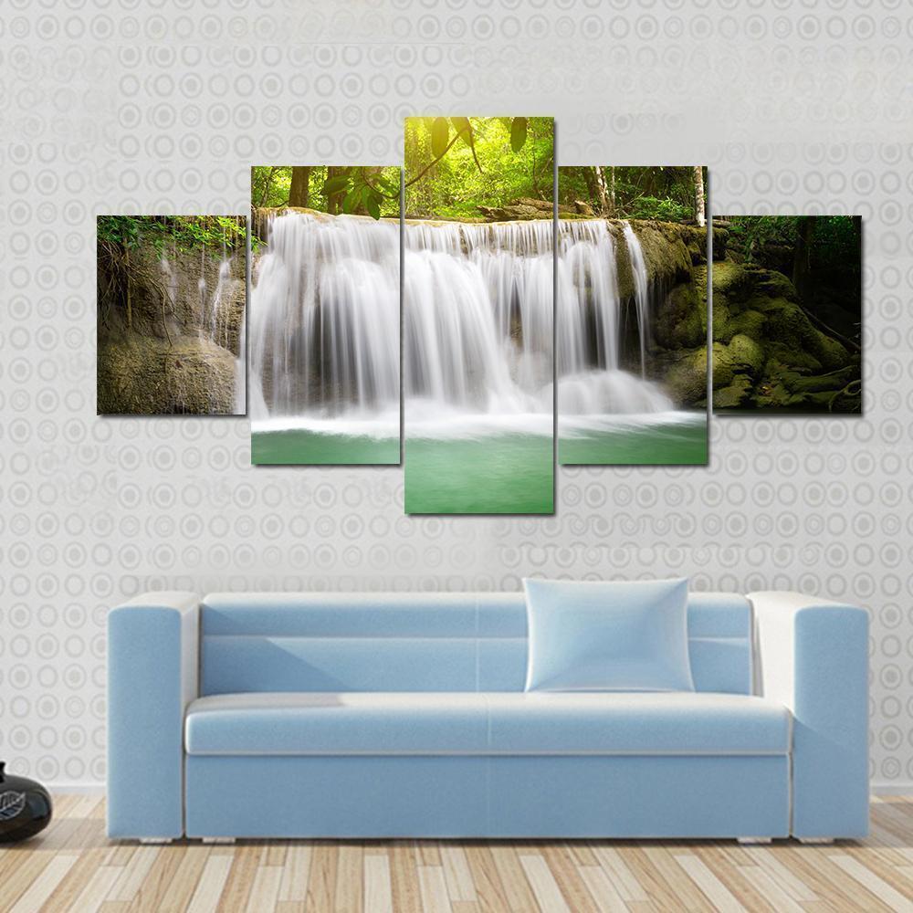 Green Waterfall - Nature 5 Panel Canvas Art Wall Decor Green Waterfall - Nature 5 Panel Canvas Art Wall Decor