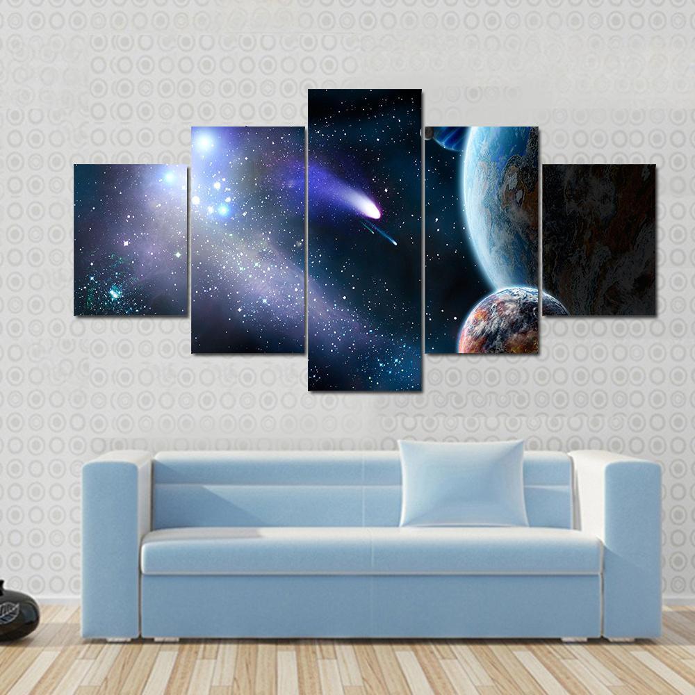 Group Of Comets Of Space Attacks Peace Planets - Space 5 Panel Canvas Art Wall Decor Group Of Comets Of Space Attacks Peace Planets - Space 5 Panel Canvas Art Wall Decor