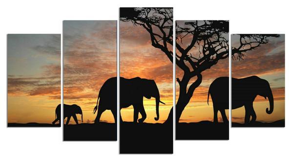 Group Of Elephants In Africa Elephant - Animal 5 Panel Canvas Art Wall Decor Group Of Elephants In Africa Elephant - Animal 5 Panel Canvas Art Wall Decor