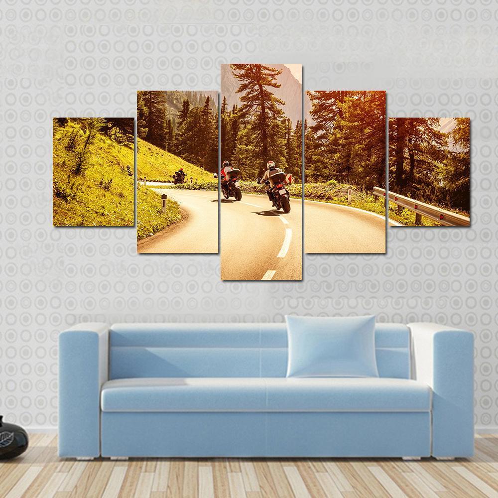 Group Of Motorcyclists Riding On Curves Mountainous Road - Sport 5 Panel Canvas Art Wall Decor Group Of Motorcyclists Riding On Curves Mountainous Road - Sport 5 Panel Canvas Art Wall Decor