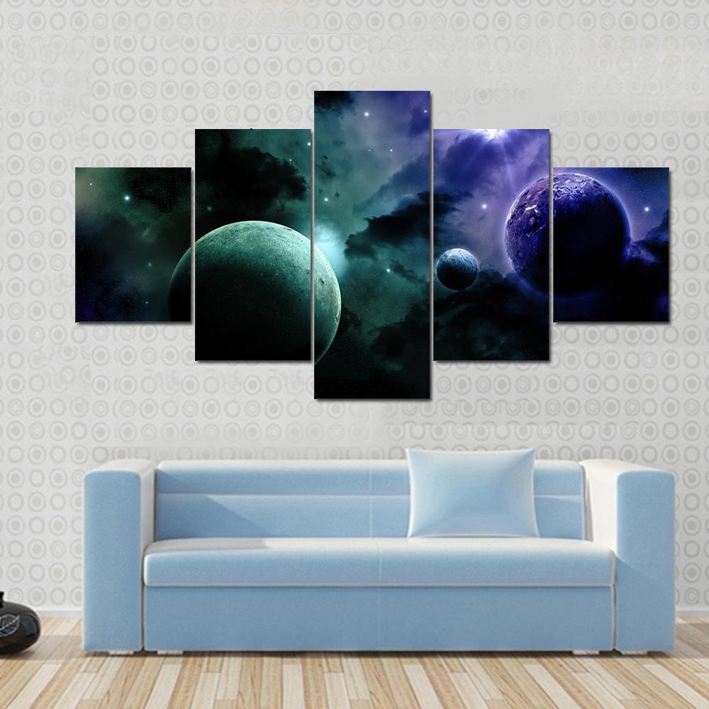 Group Of Planets Around Star - Space 5 Panel Canvas Art Wall Decor Group Of Planets Around Star - Space 5 Panel Canvas Art Wall Decor