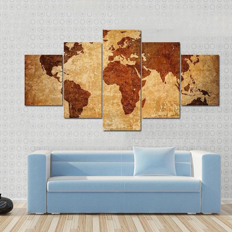 Grunge Map Of The World - Abstract 5 Panel Canvas Art Wall Decor Grunge Map Of The World - Abstract 5 Panel Canvas Art Wall Decor