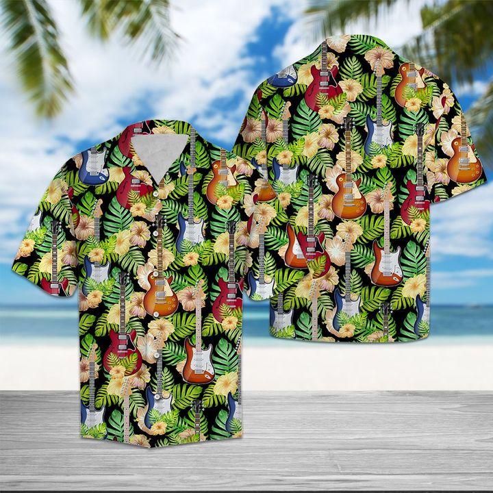 Guitar Yellow Hibiscus Flower Hawaiian Shirt Summer Button Up Guitar Yellow Hibiscus Flower Hawaiian Shirt Summer Button Up