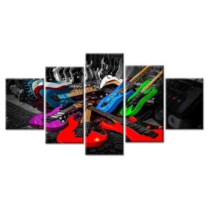 Guitars Red Violet Green Blue - Music 5 Panel Canvas Art Wall Decor