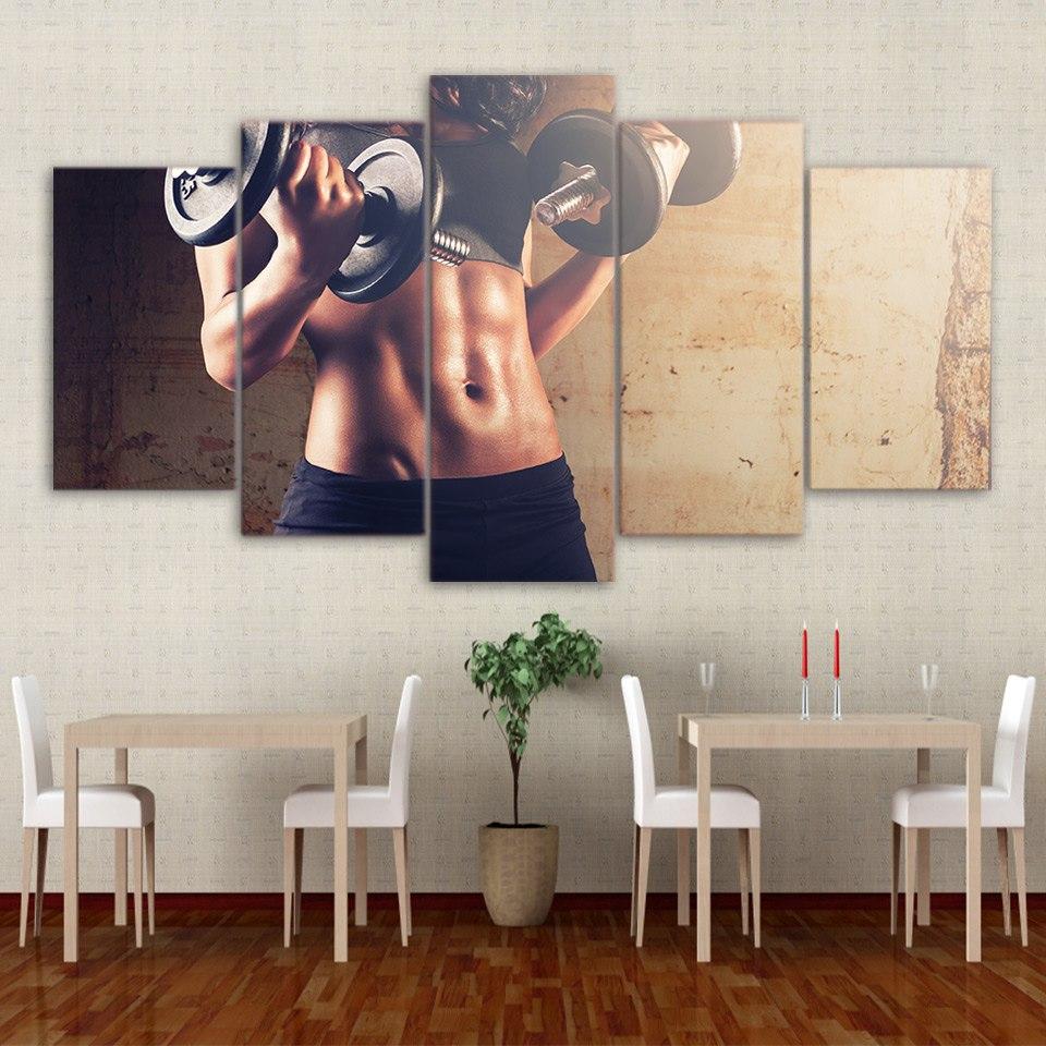 Gym Girl Fitness Dumbbells - Sport 5 Panel Canvas Art Wall Decor Gym Girl Fitness Dumbbells - Sport 5 Panel Canvas Art Wall Decor