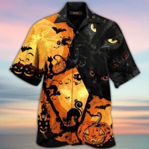 Halloween Black Cat And Pumpkins Hawaiian Shirt