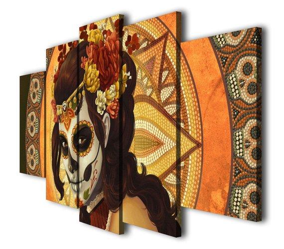 Halloween Day Of The Dead - Abstract 5 Panel Canvas Art Wall Decor Halloween Day Of The Dead - Abstract 5 Panel Canvas Art Wall Decor