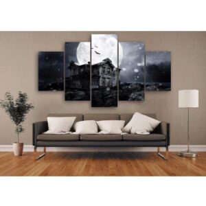Halloween Haunted House Full Moon - Halloween 5 Panel Canvas Art Wall Decor