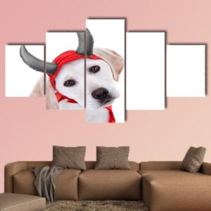 Halloween Labrador Puppy Dog In Devil Costume - Animal 5 Panel Canvas Art Wall Decor