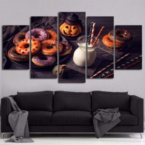Halloween Pumpkin Donuts Milk Food - Kitchen 5 Panel Canvas Art Wall Decor