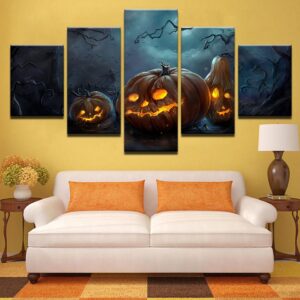 Halloween Pumpkins Lamp - Abstract 5 Panel Canvas Art Wall Decor