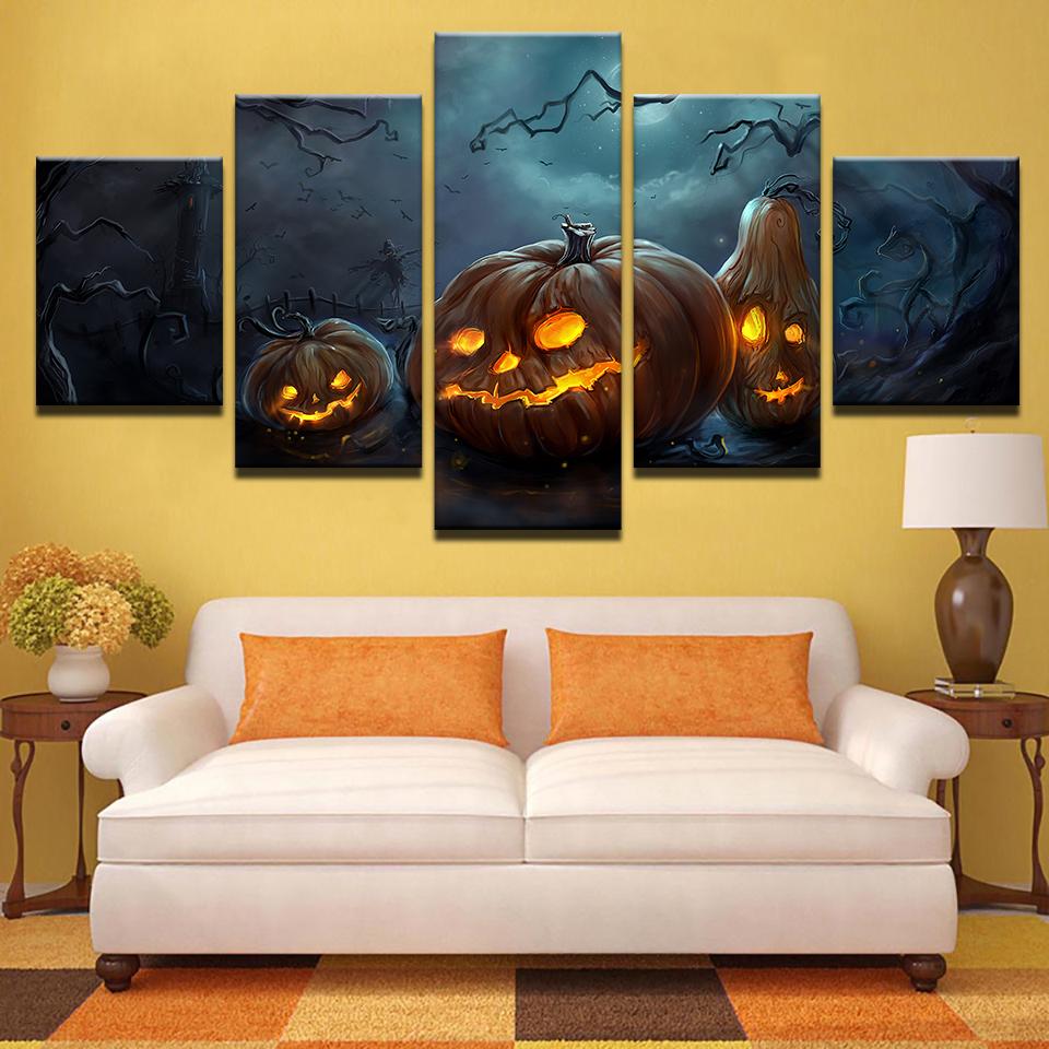 Halloween Pumpkins Lamp - Abstract 5 Panel Canvas Art Wall Decor Halloween Pumpkins Lamp - Abstract 5 Panel Canvas Art Wall Decor