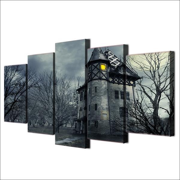 Halloween Spooky Grey Castle - Abstract 5 Panel Canvas Art Wall Decor Halloween Spooky Grey Castle - Abstract 5 Panel Canvas Art Wall Decor