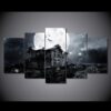 Halloween Spooky Haunted House Full Moon Bats - Abstract 5 Panel Canvas Art Wall Decor