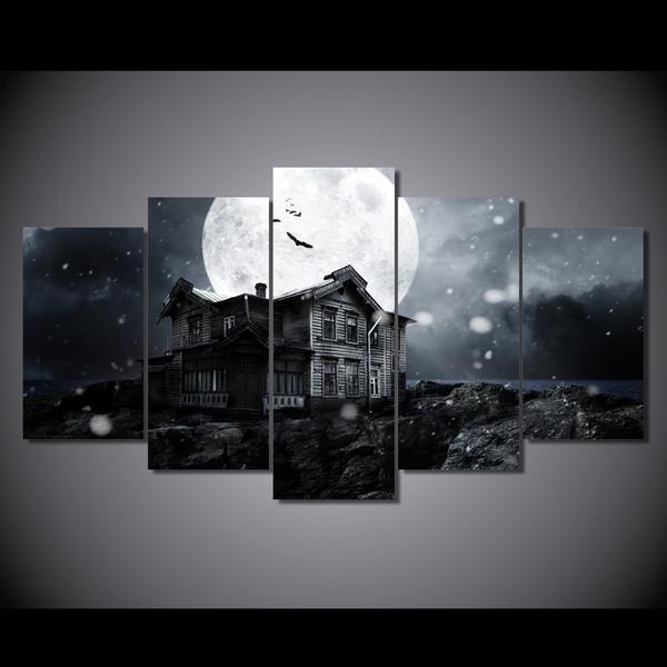 Halloween Spooky Haunted House Full Moon Bats - Abstract 5 Panel Canvas Art Wall Decor Halloween Spooky Haunted House Full Moon Bats - Abstract 5 Panel Canvas Art Wall Decor