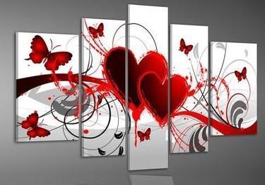 Hand Painted Red Love Hearts Butterfly Butterflies - Abstract 5 Panel Canvas Art Wall Decor Hand Painted Red Love Hearts Butterfly Butterflies - Abstract 5 Panel Canvas Art Wall Decor