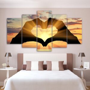 Hand finger Loveheart in Sunset - Abstract 5 Panel Canvas Art Wall Decor