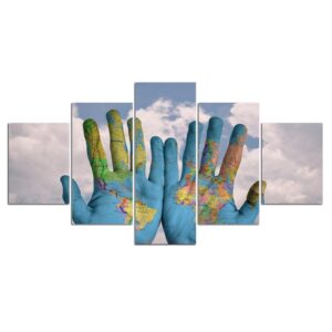 Hands World Map - World Map 5 Panel Canvas Art Wall Decor