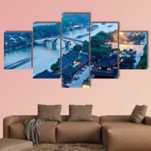 Hangzhou Canal Gongchen Bridge At Dusk - Nature 5 Panel Canvas Art Wall Decor