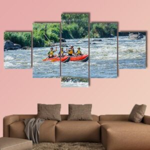 Happy Family Rafting In River - Sport 5 Panel Canvas Art Wall Decor