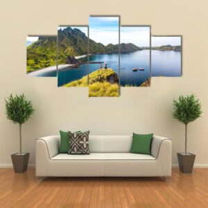 Happy Hikers Standing On Cliff Mountain - Nature 5 Panel Canvas Art Wall Decor