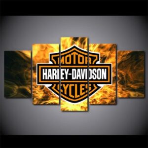Harley Motorcycle Bar And Shield Flames Fire - Automotive 5 Panel Canvas Art Wall Decor